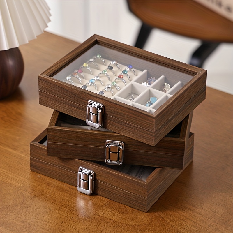 Vintage Wooden Jewelry Organizer Box with Glass Lid